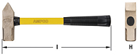 Image of a cross-peen hammer with yellow handle and black grip. The head features a flat end and an upside-down pyramid wedge-like chipping end. The yellow handle has "AMPCO" printed on it. Measurement lines indicate the length of the hammer.